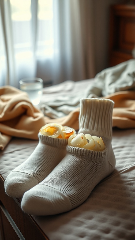 Cotton socks filled with sliced onions on a bedside table in a cozy bedroom.